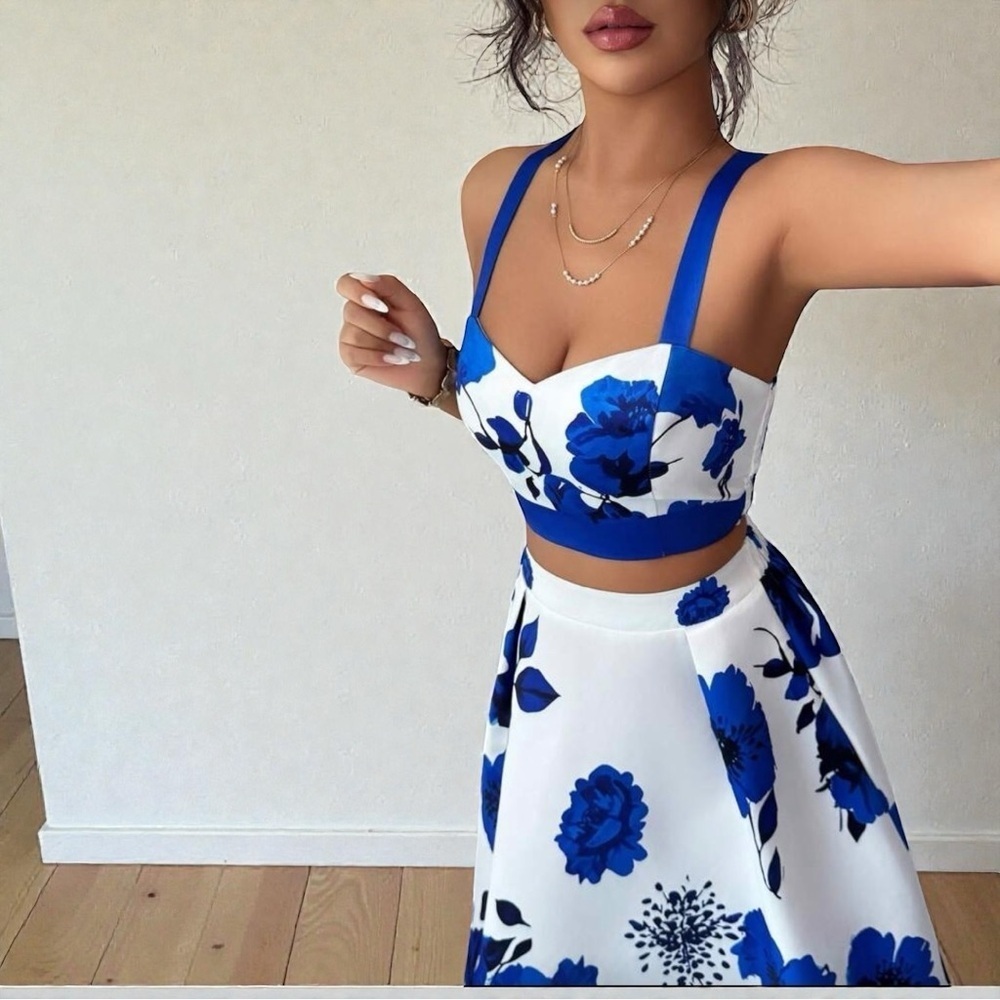 New Satin Floral Crop Top & Skirt 2-Piece Set Outfit Blue & White XL - Picture 7 of 7